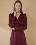 Kelsey Burgundy Red Satin Long Sleeve Dress with Bishop Sleeves