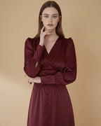 Kelsey Burgundy Red Satin Long Sleeve Dress with Bishop Sleeves