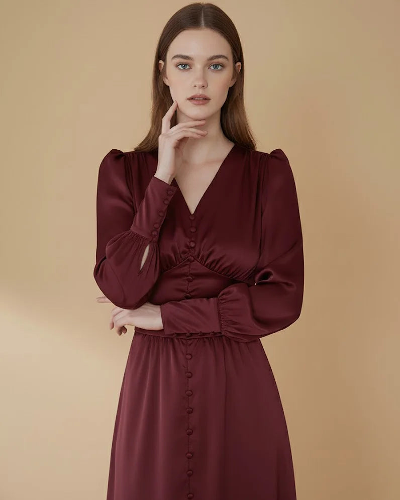 Kelsey Burgundy Red Satin Long Sleeve Dress with Bishop Sleeves