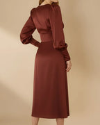 Kelsey Burgundy Red Satin Long Sleeve Dress with Bishop Sleeves
