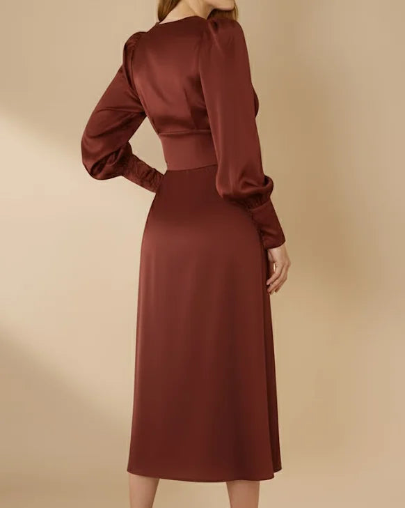 Kelsey Burgundy Red Satin Long Sleeve Dress with Bishop Sleeves
