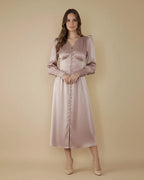 Kelsey Mocha Brown Satin Corset Dress - Button Up Long Sleeve Satin Dress