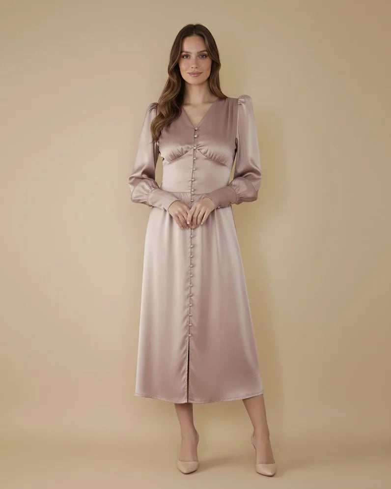 Kelsey Mocha Brown Satin Corset Dress - Button Up Long Sleeve Satin Dress