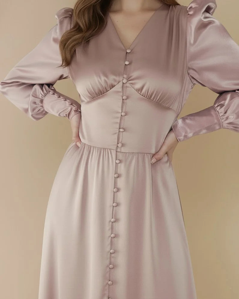 Mocha Brown Satin Corset Dress - Long Sleeve Satin Dress