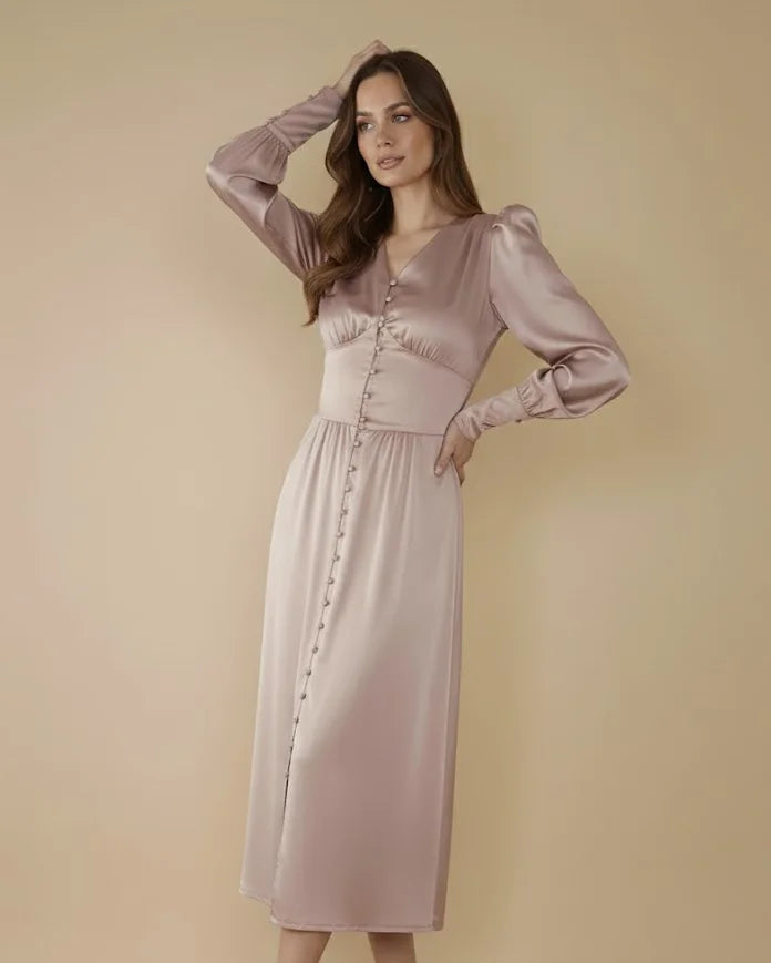 fitted lace wedding dress Ladivine CD997 Size 14 Dusty Rose Long Shimmer Sheer Lace Corset Long Puff Sleeve Dress Slit Formal Gown main image 0