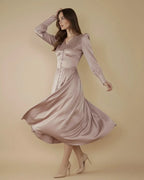 Kelsey Mocha Brown Satin Corset Dress - Button Up Long Sleeve Satin Dress