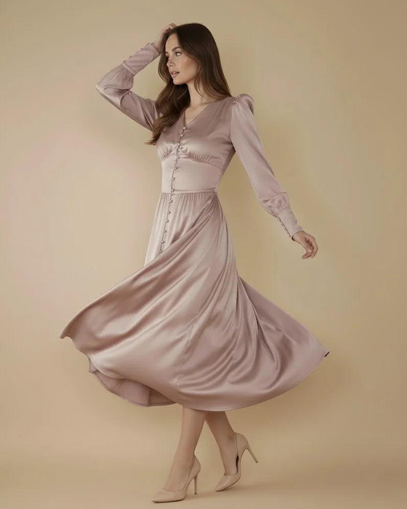 Mocha Brown Satin Corset Dress - Long Sleeve Satin Dress
