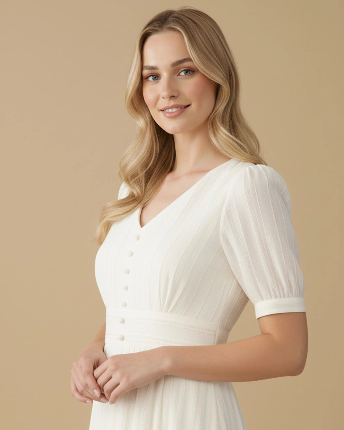 Brielle V-Neck Puff Sleeve Midi Dress | Upcycled Polyester