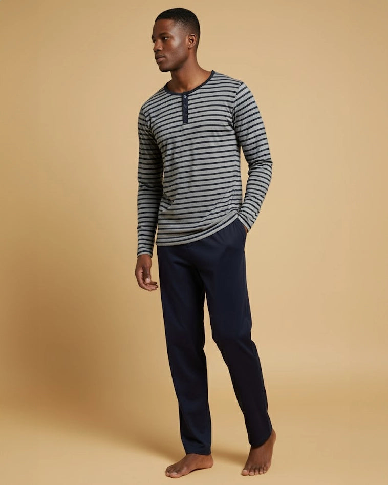 Men's Striped Henley Cotton Pyjama Set in Navy, Black, Green, & Grey Loungewear