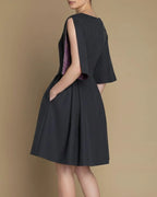 Candida Sustainable Dark Grey Skater Dress | Hemp-RPET Classic, Pockets, Slit-Sleeves