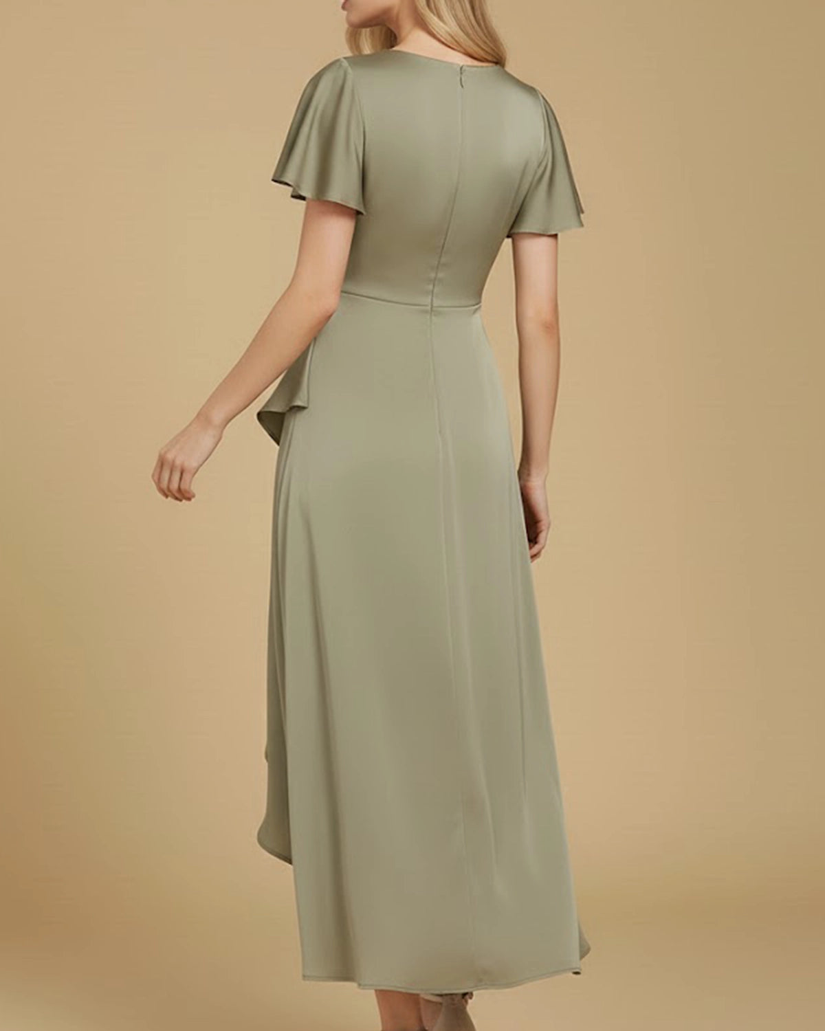 Nova Recycled Sage Green Satin Cascading Ruffle Midi Dress