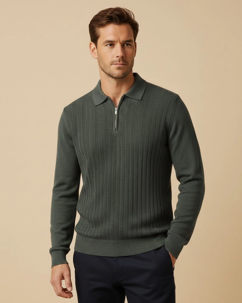 Onyx Forest Green Slate Men’s Ribbed Quarter-Zip – Sustainable Viscose Knit Polo