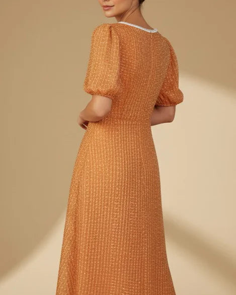 Cosette Dress - Burnt Orange Wedding Guest Dress with Puff Sleeves