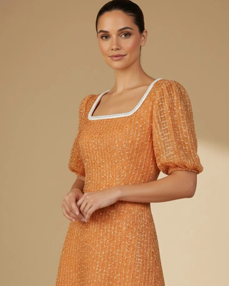 Cosette Dress - Burnt Orange Wedding Guest Dress with Puff Sleeves