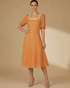 Cosette Dress - Burnt Orange Wedding Guest Dress with Puff Sleeves