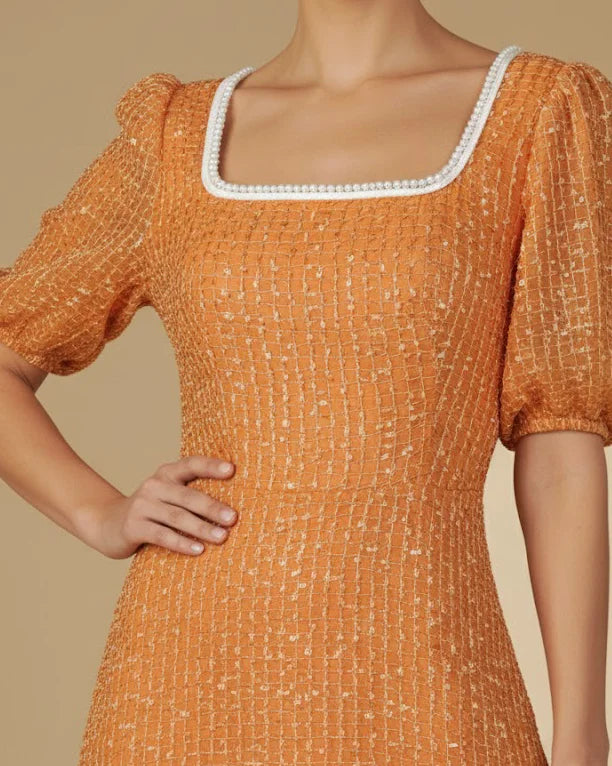 Cosette Dress - Burnt Orange Wedding Guest Dress with Puff Sleeves