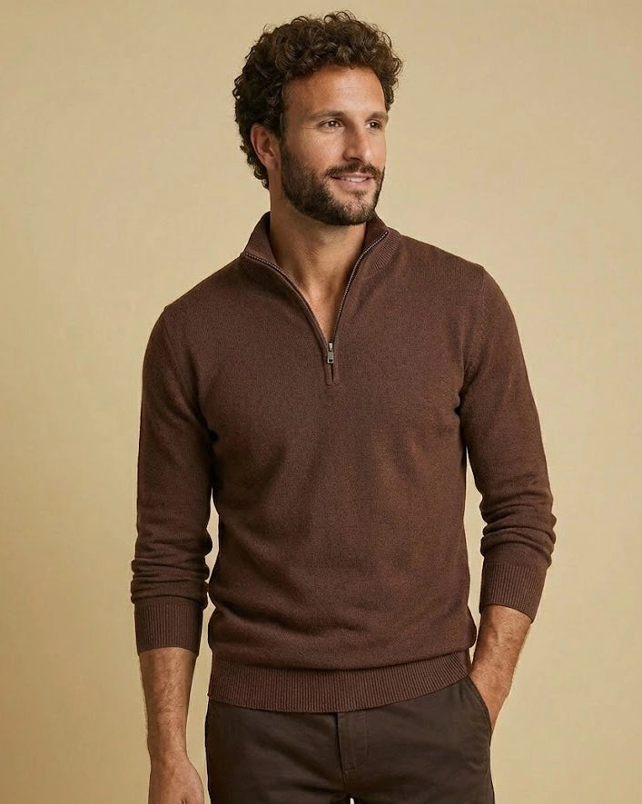 Aurelius Espresso Brown: Heritage Earth-Tone Jumper | Sustainable Chocolate Brown Quarter-Zip