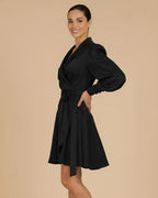 Elye Classic Black Sustainable Mini Wrap Dress | Eco-Friendly Recycled Satin