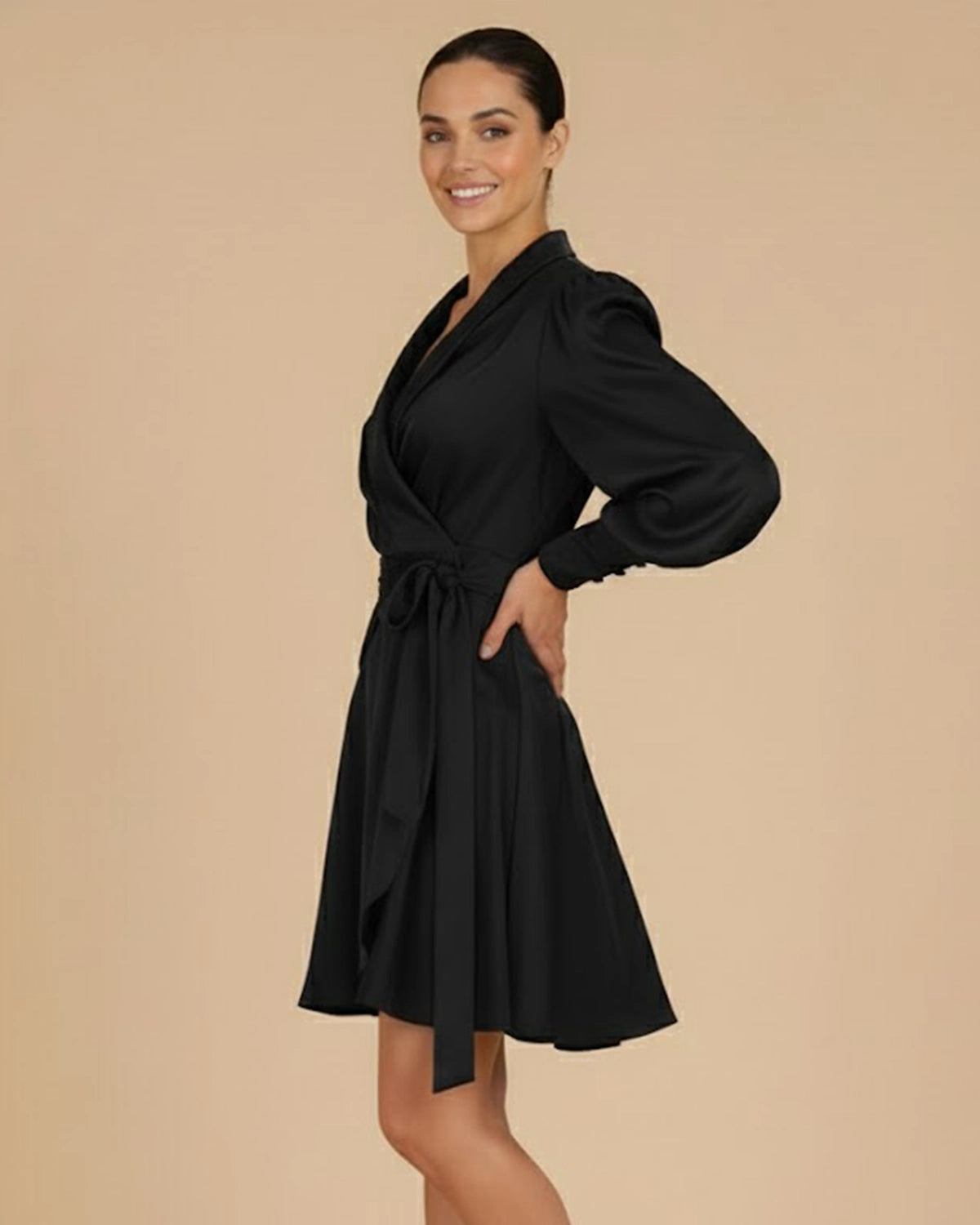 Elye Classic Black Sustainable Mini Wrap Dress | Eco-Friendly Recycled Satin
