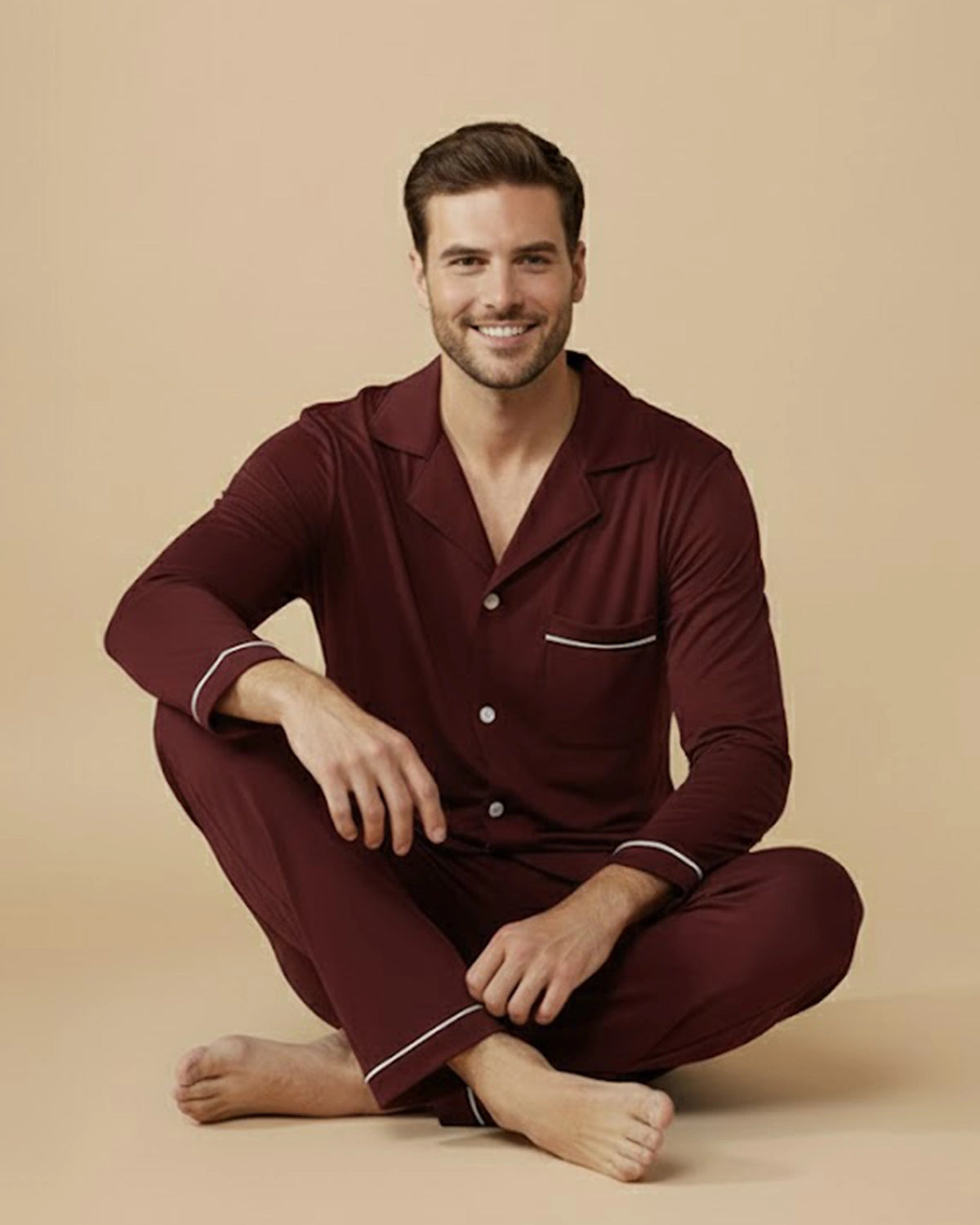 Men's Recycled Cotton Pyjama Set | Classic Sleepwear in Navy, Black & Burgundy