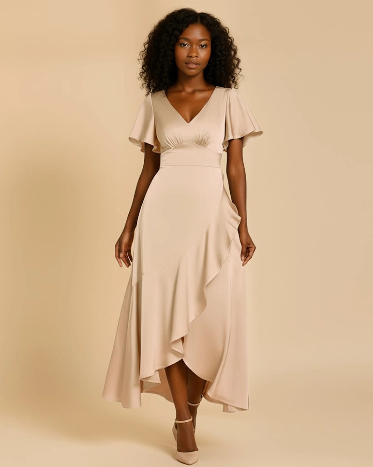 Nova Asymmetrical Ruffle Midi Dress - Champagne Satin