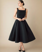 Audrey Timeless Black Square Neck A-Line Midi Dress - Elegant Cocktail & Occasion Wear