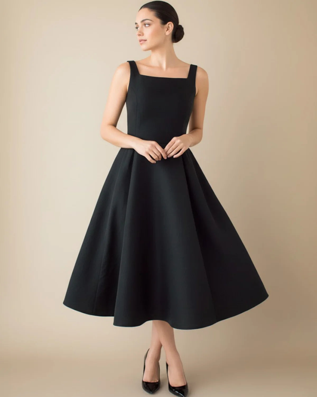Audrey Timeless Black Square Neck A-Line Midi Dress - Elegant Cocktail & Occasion Wear