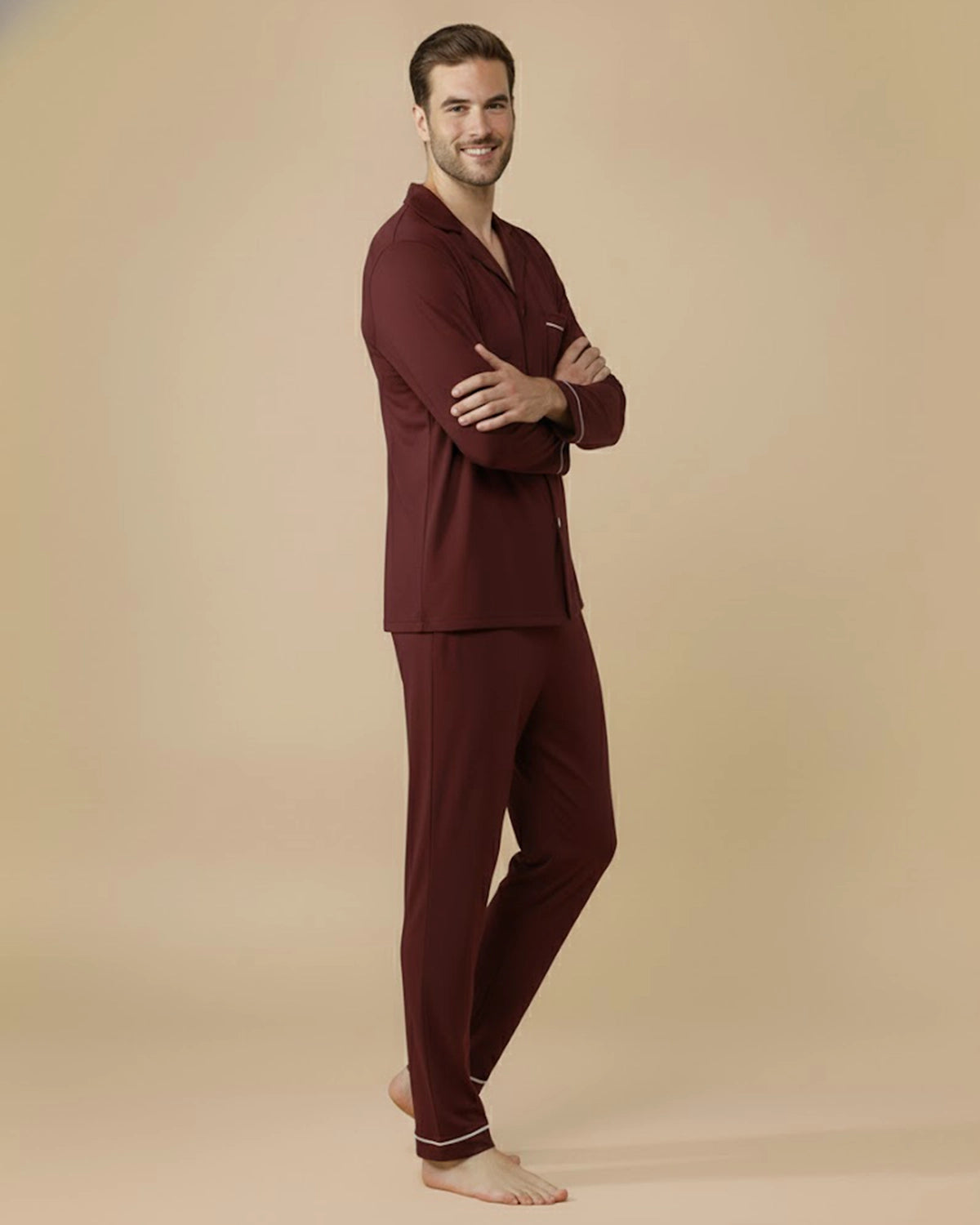Men's Recycled Cotton Pyjama Set | Classic Sleepwear in Navy, Black & Burgundy