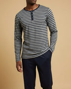 Men's Striped Henley Cotton Pyjama Set in Navy, Black, Green, & Grey Loungewear
