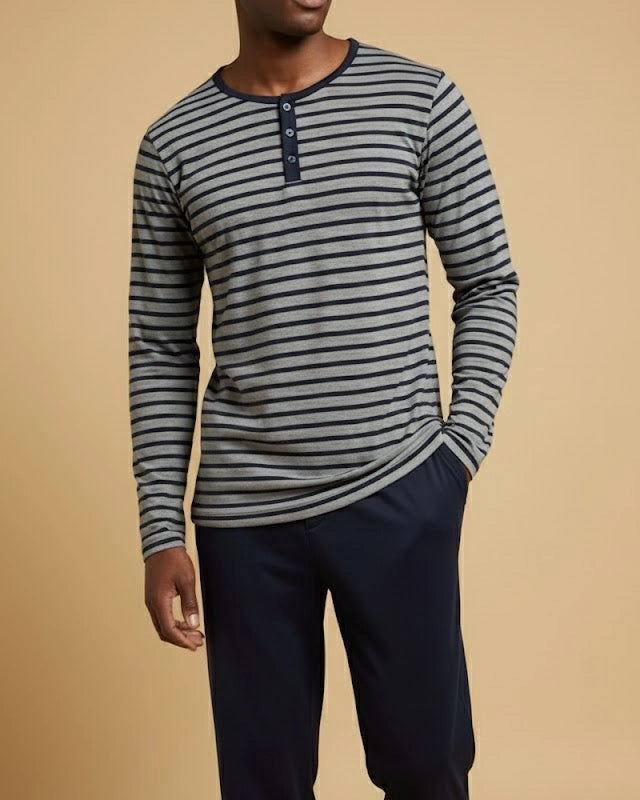 Men's Striped Henley Cotton Pyjama Set in Navy, Black, Green, & Grey Loungewear