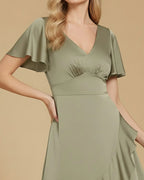 Nova Recycled Sage Green Satin Cascading Ruffle Midi Dress