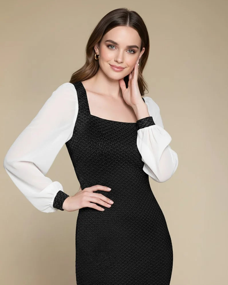 Lyla Long Sleeve Black Mini Dress with Blouson Sleeves