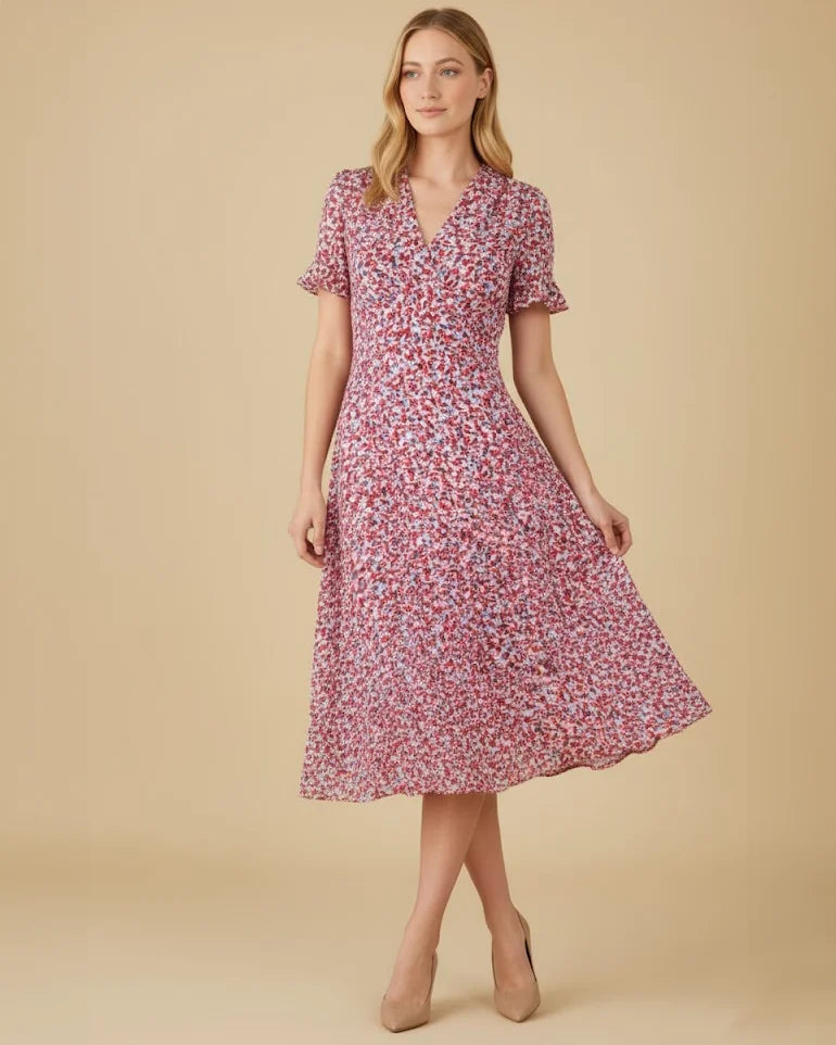 Zelia Ditsy Midi Dress with Short Sleeves - Floral Print Midi Dress for Women