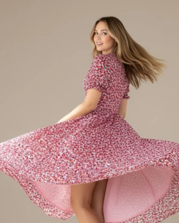 Zelia Ditsy Midi Dress with Short Sleeves - Floral Print Midi Dress for Women