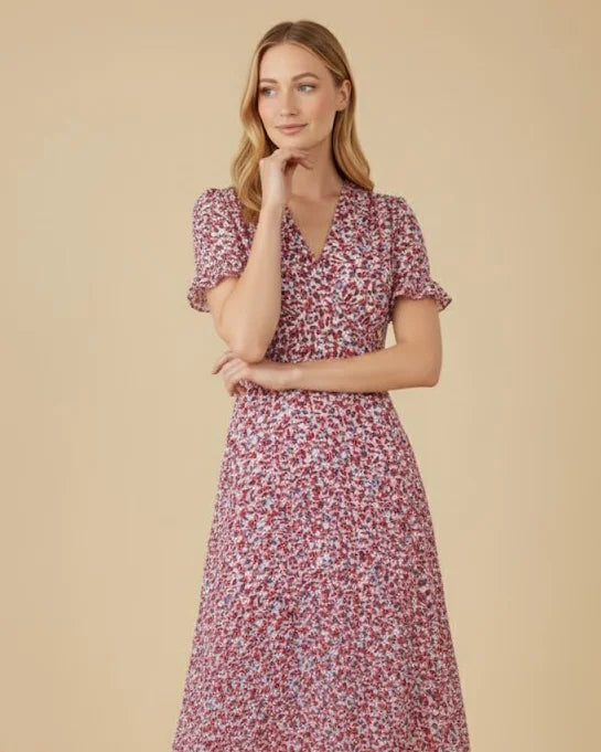 Zelia Ditsy Midi Dress with Short Sleeves - Floral Print Midi Dress for Women