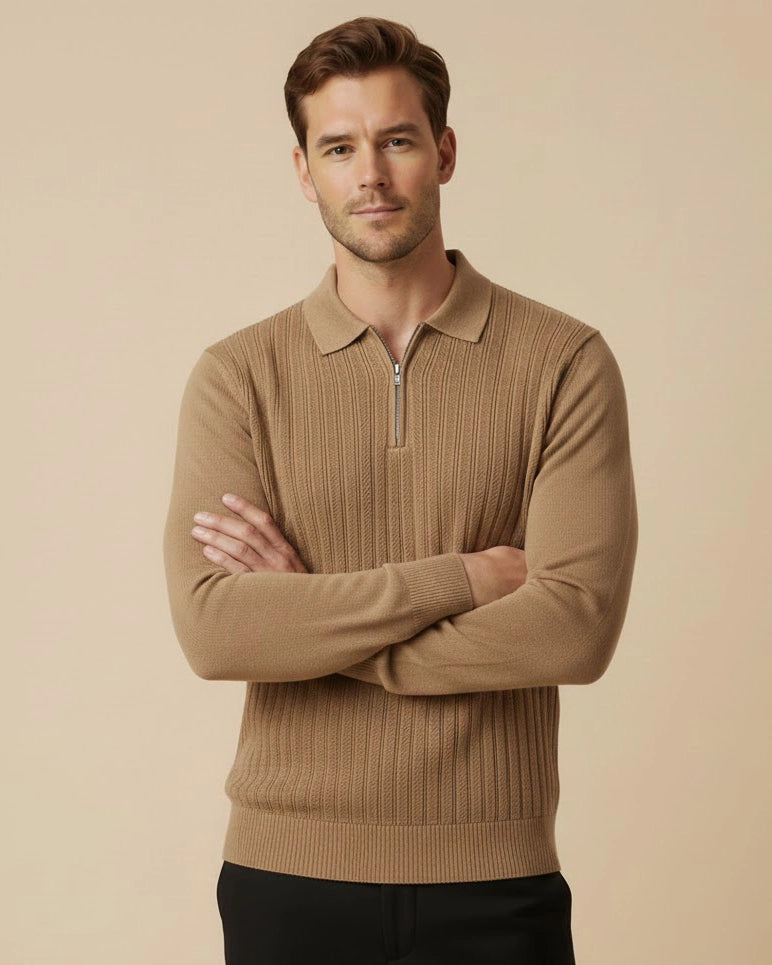 Onyx Camel Heritage Zip Henley – Luxury Fine-Knit Viscose Polo