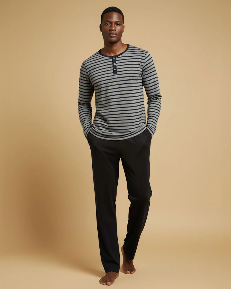 Men's Striped Henley Cotton Pyjama Set in Navy, Black, Green, & Grey Loungewear