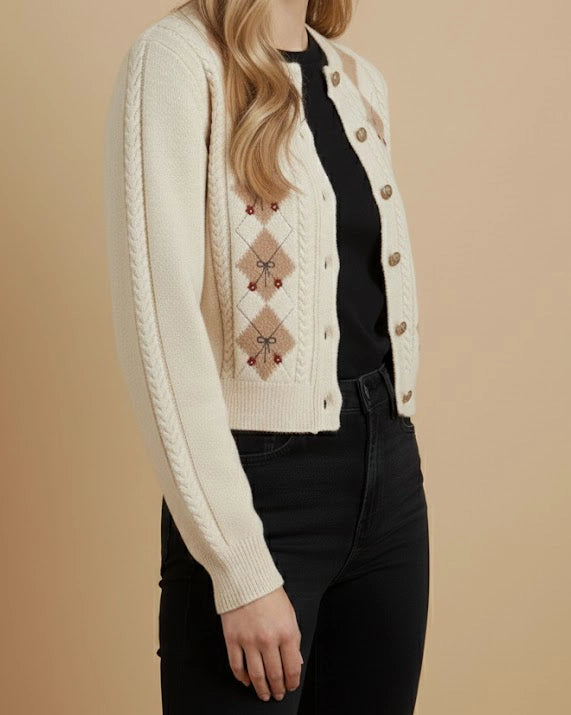 Vintage Charm Argyle Cardigan - Cream