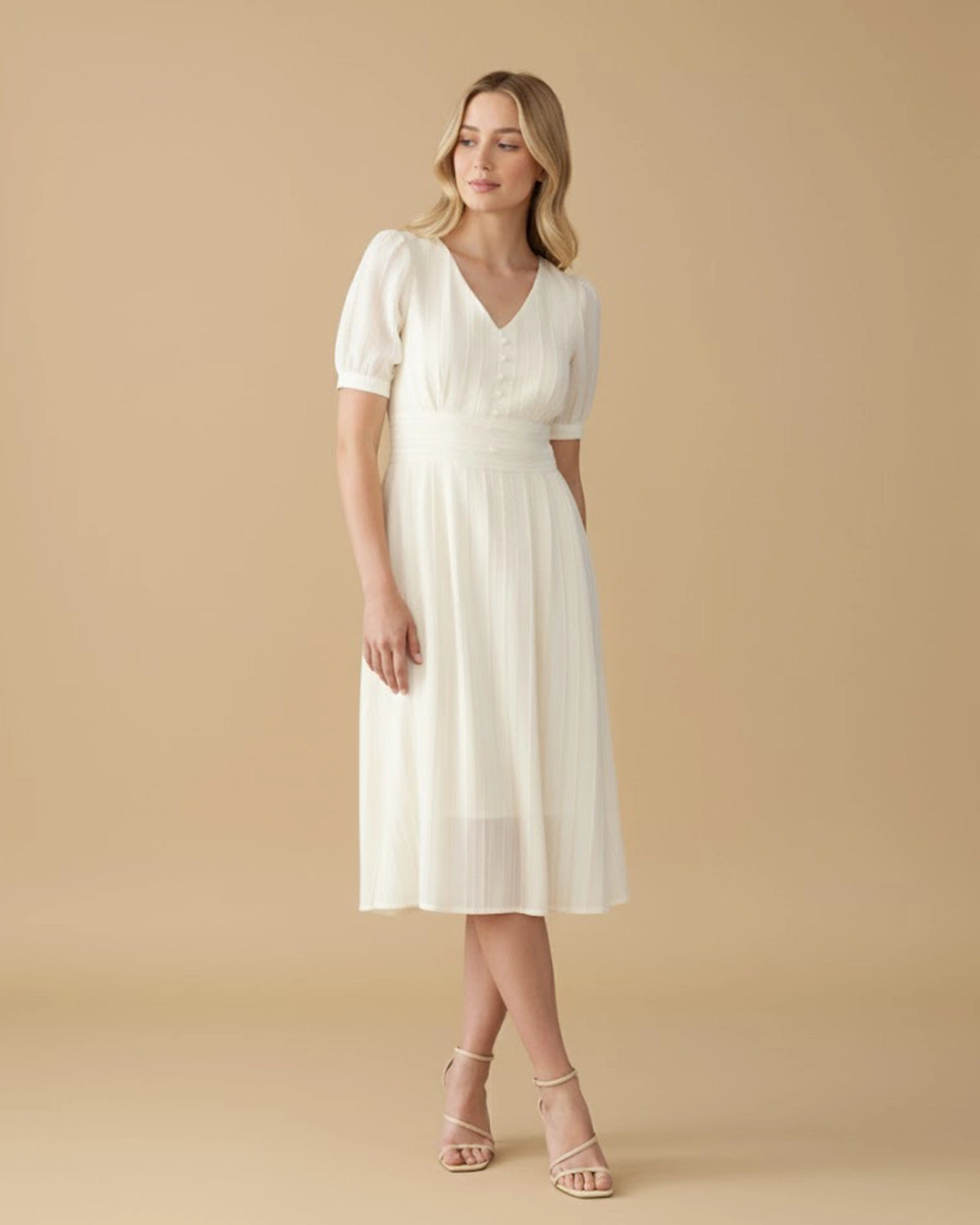 Brielle V-Neck Puff Sleeve Midi Dress | Upcycled Polyester