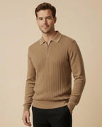 Onyx Camel Heritage Zip Henley – Luxury Fine-Knit Viscose Polo