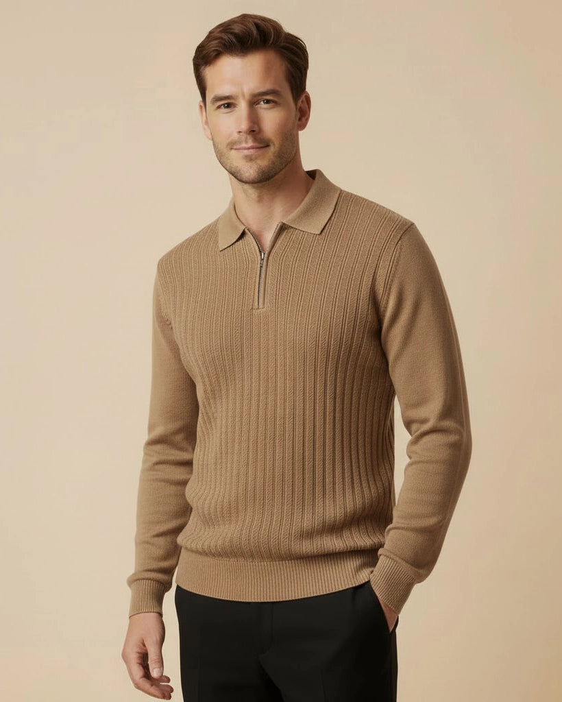 Onyx Camel Heritage Zip Henley – Luxury Fine-Knit Viscose Polo