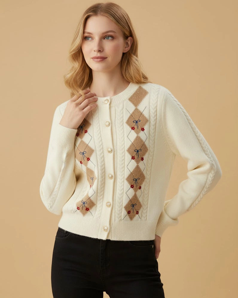 Vintage Charm Argyle Cardigan - Cream