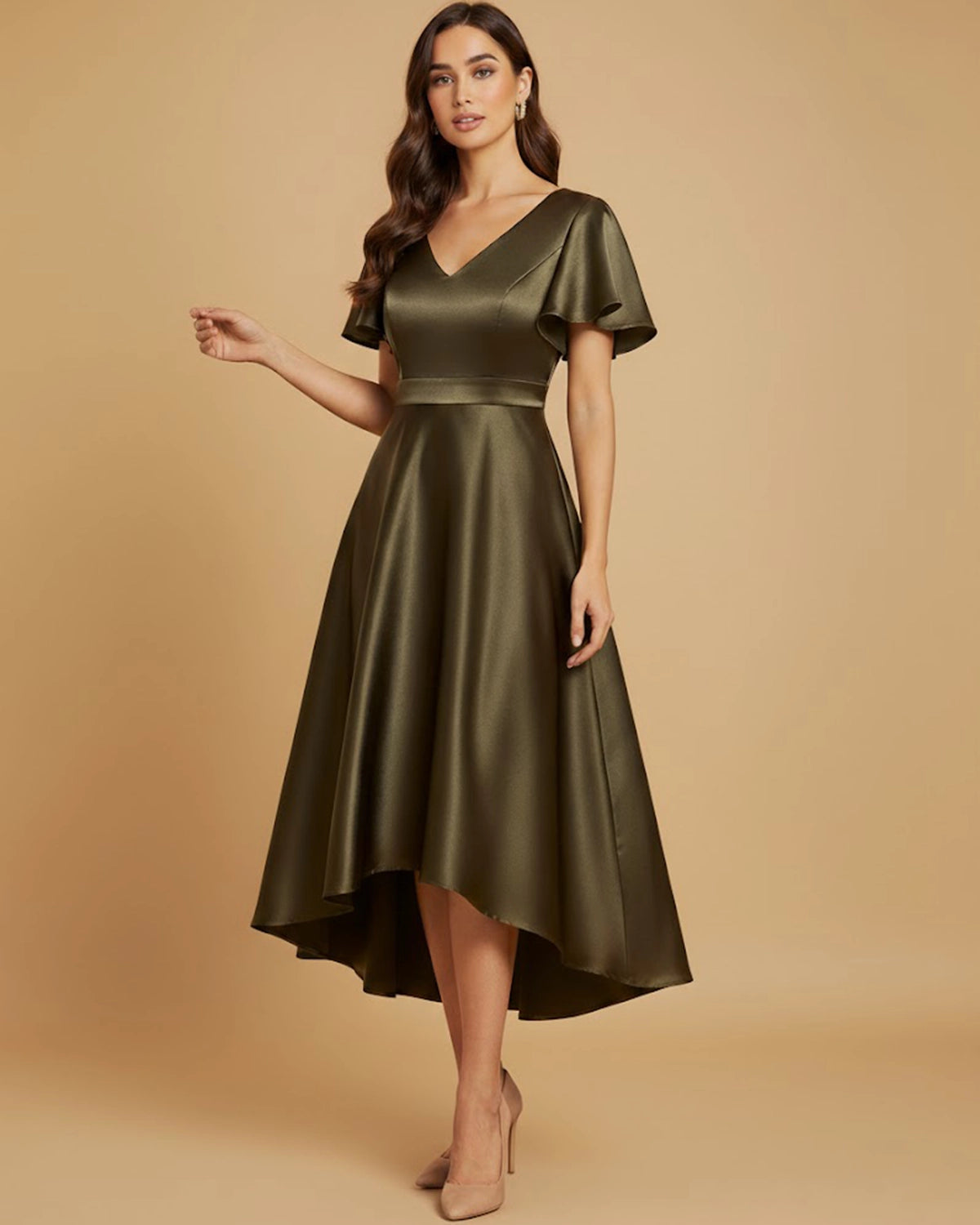 Aura Recycled Satin V-Neck Olive Green High-Low Dress with Short Sleeves
