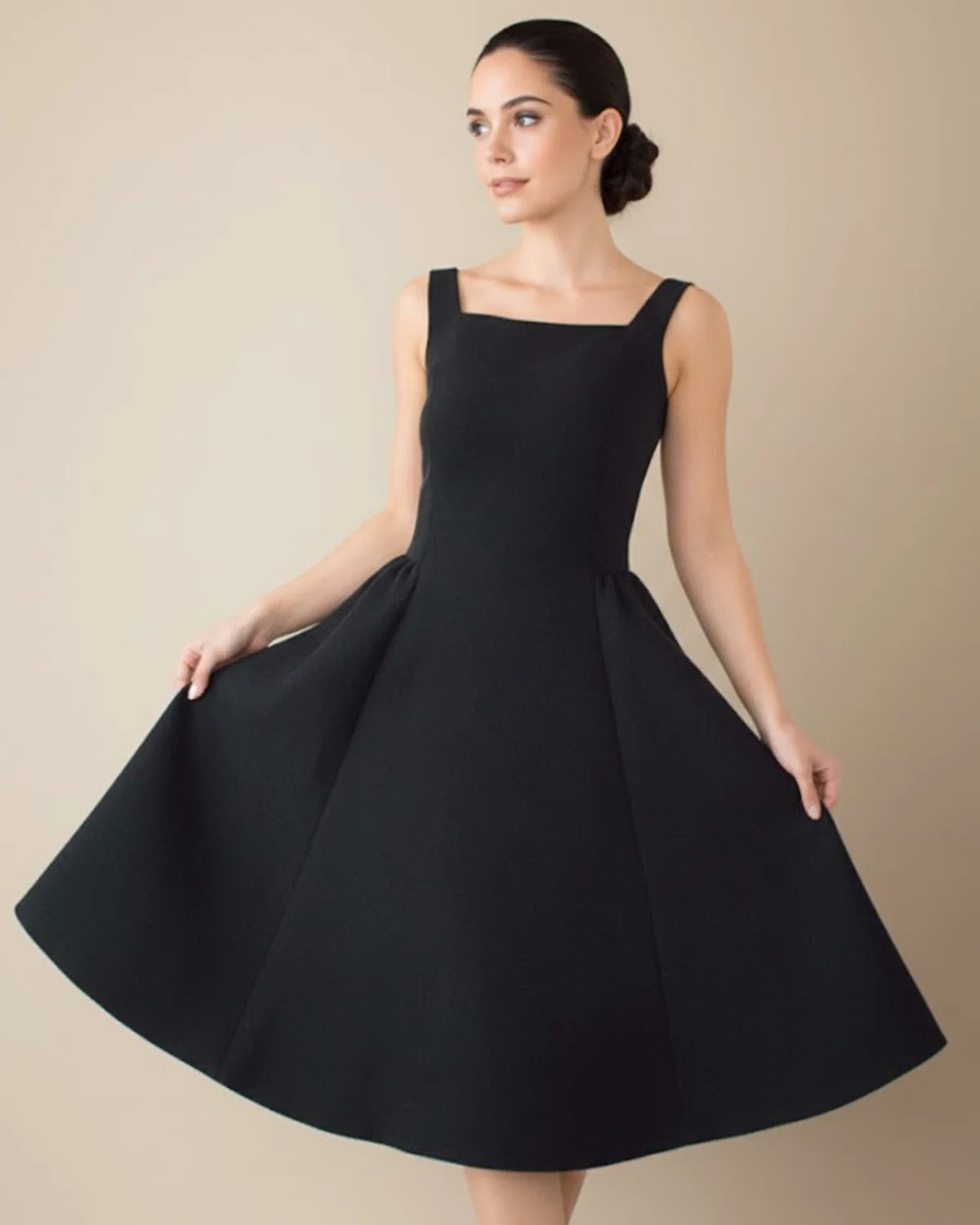Audrey Timeless Black Square Neck A-Line Midi Dress - Elegant Cocktail & Occasion Wear
