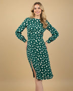 Fawn Elegant Green Printed Midi Dress | Long Puff Sleeve & Cut-Out Back