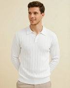 The Julian: Men’s Luxury White Ribbed Knit Polo – Long Sleeve