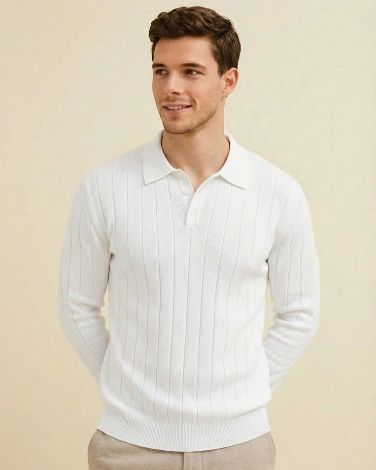 The Julian: Men’s Luxury White Ribbed Knit Polo – Long Sleeve