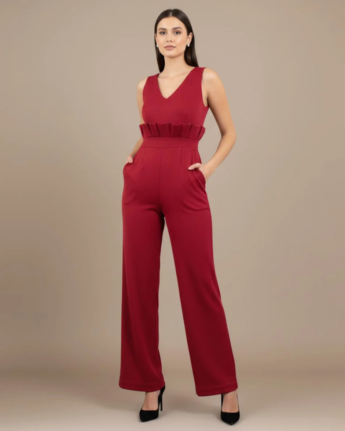 Elvira Red Herringbone Jumpsuit | Organic Cotton & RPET Wide Leg Jumpsuit
