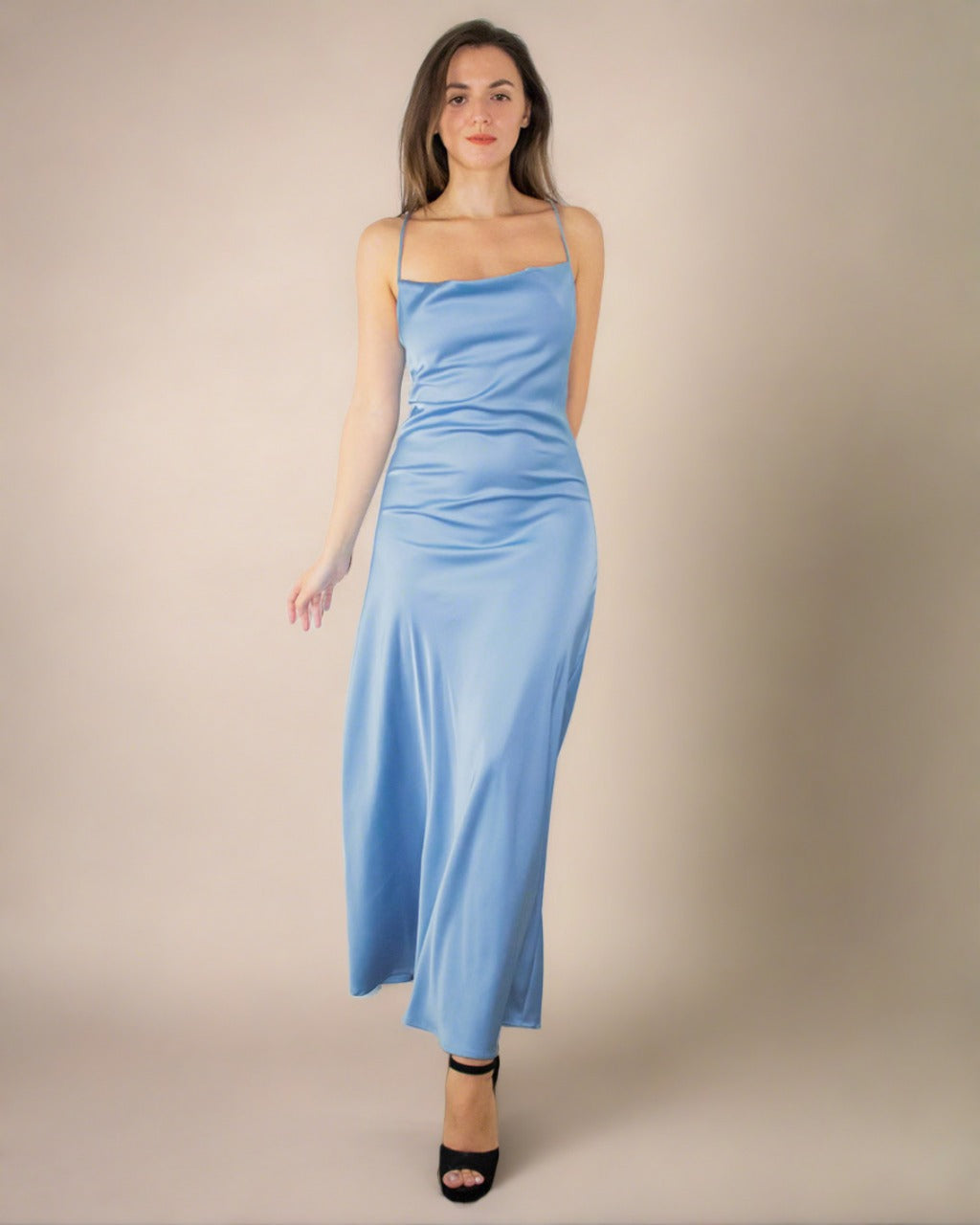 ADKN Davina Blue Satin Cowl Neck Dress - Long Satin Slip Dress