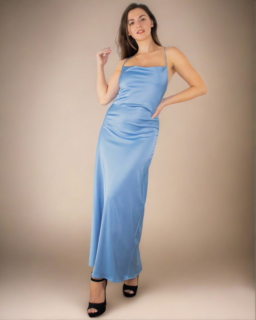 Davina Blue Satin Cowl Neck Dress - Long Satin Slip Dress